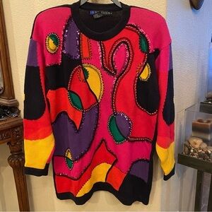 Vintage I.B. DIFFUSION Women 1992 Multicolor Sequin Bead Knit Tunic Sweater-Med